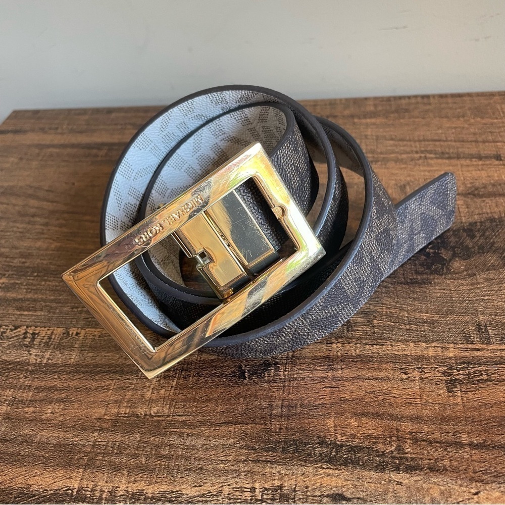 Michael Kors White and Brown Gold Logo Belt Reversible